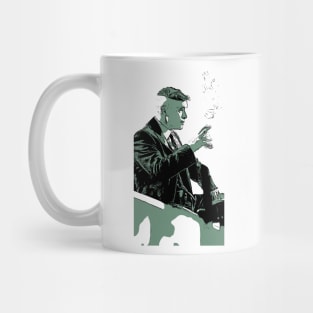 Thomas Shelby sits in the bar at the counter with a wisky glass and a cigarette in his hand as abstract comic art Mug